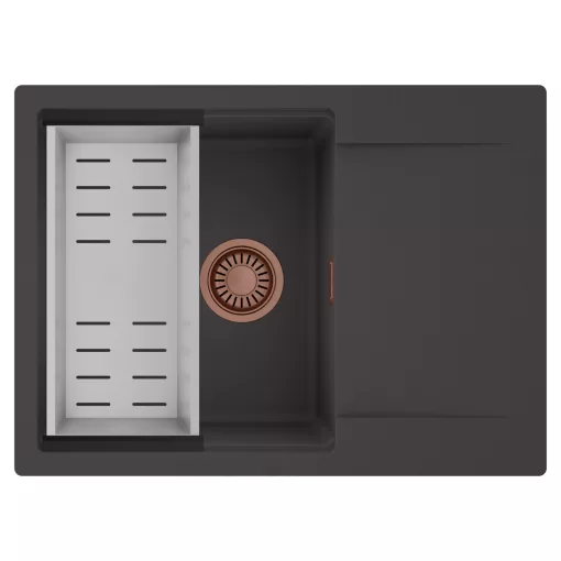 HD Onyx Antracit 68-XL egymedencés mosogatótálca szett, acél csepegtetőkosárral, csepegtetőtálcával, matt antracit színben, szálcsiszolt réz leeresztő szifonnal