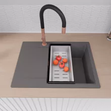 HD Onyx Antracit 68-XL egymedencés mosogatótálca szett, acél csepegtetőkosárral, csepegtetőtálcával, matt antracit színben, szálcsiszolt réz leeresztő szifonnal