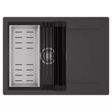 HD Onyx Antracit 68-XL egymedencés mosogatótálca szett, matt fekete csepegtetőráccsal és krómozott kosárral, csepegtetőtálcával, matt antracit színben