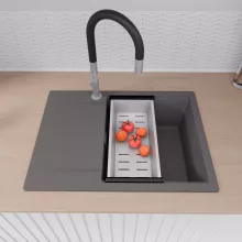 HD Onyx Antracit 68-XL egymedencés mosogatótálca szett, matt fekete csepegtetőráccsal és krómozott kosárral, csepegtetőtálcával, matt antracit színben