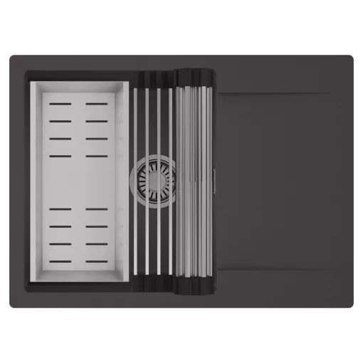 HD Onyx Antracit 68-XL egymedencés mosogatótálca szett, acél csepegtetőráccsal és kosárral, csepegtetőtálcával, matt antracit színben