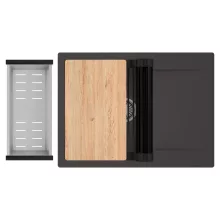 HD Onyx Antracit 68-XL egymedencés gránit mosogatótálca szett, csepegtetőtálcával, vágódeszkával, matt fekete csepegtetőráccsal és krómozott kosárral, matt antracit színben