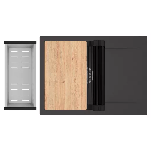 HD Onyx Antracit 68-XL egymedencés gránit mosogatótálca szett, csepegtetőtálcával, vágódeszkával, matt fekete csepegtetőráccsal és krómozott kosárral, matt antracit színben