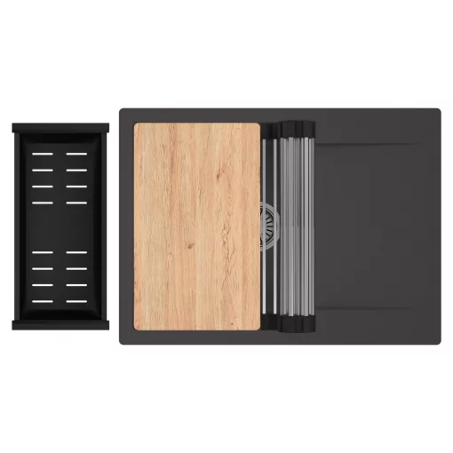 HD Onyx Antracit 68-XL egymedencés gránit mosogatótálca szett, csepegtetőtálcával, vágódeszkával, acél csepegtetőráccsal és matt fekete kosárral, matt antracit színben