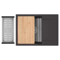   HD Onyx Antracit 68-XL egymedencés gránit mosogatótálca szett, csepegtetőtálcával, vágódeszkával, acél csepegtetőráccsal és kosárral, matt antracit színben