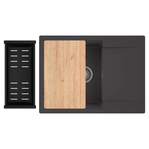 HD Onyx Antracit 68-XL egymedencés gránit mosogatótálca szett, csepegtetőtálcával, vágódeszkával, matt fekete csepegtetőkosárral, matt antracit színben