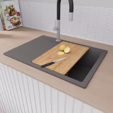 HD Onyx Antracit 68-XL egymedencés gránit mosogatótálca szett, csepegtetőtálcával, vágódeszkával, matt fekete csepegtetőkosárral, matt antracit színben