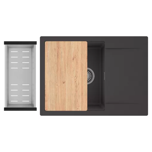 HD Onyx Antracit 68-XL egymedencés gránit mosogatótálca szett, csepegtetőtálcával, vágódeszkával, acél csepegtetőkosárral, matt antracit színben
