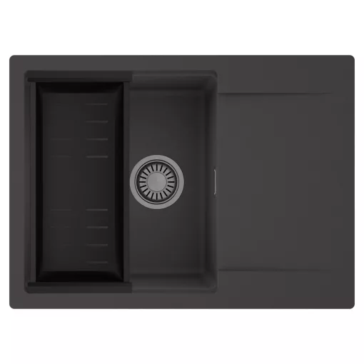 HD Onyx Antracit 68-XL egymedencés mosogatótálca szett, matt fekete csepegtetőkosárral, csepegtetőtálcával, matt antracit színben