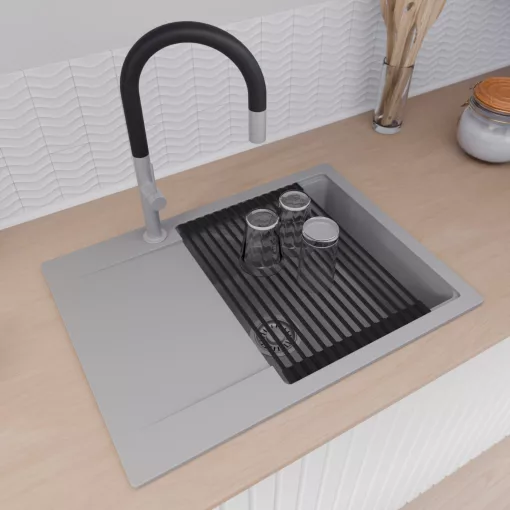 HD Onyx Grey 68-XL egymedencés mosogatótálca szett, matt fekete csepegtetőráccsal és kosárral, csepegtetőtálcával, alpesi szürke színben, szálcsiszolt króm leeresztő szifonnal