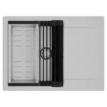 HD Onyx Grey 68-XL egymedencés mosogatótálca szett, matt fekete csepegtetőráccsal és krómozott kosárral, csepegtetőtálcával, alpesi szürke színben, szálcsiszolt króm leeresztő szifonnal