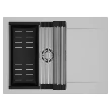 HD Onyx Grey 68-XL egymedencés mosogatótálca szett, acél csepegtetőráccsal és matt fekete kosárral, csepegtetőtálcával, alpesi szürke színben, szálcsiszolt króm leeresztő szifonnal