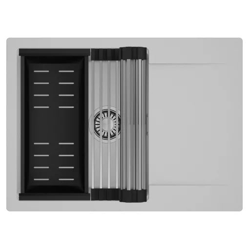 HD Onyx Grey 68-XL egymedencés mosogatótálca szett, acél csepegtetőráccsal és matt fekete kosárral, csepegtetőtálcával, alpesi szürke színben, szálcsiszolt króm leeresztő szifonnal