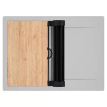 HD Onyx Grey 68-XL egymedencés gránit mosogatótálca szett, csepegtetőtálcával, vágódeszkával, matt fekete csepegtetőráccsal, alpesi szürke színben, szálcsiszolt króm leeresztő szifonnal