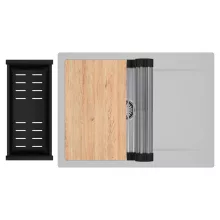 HD Onyx Grey 68-XL egymedencés gránit mosogatótálca szett, csepegtetőtálcával, vágódeszkával, acél csepegtetőráccsal és matt fekete kosárral, alpesi szürke színben, szálcsiszolt króm leeresztő szifonnal