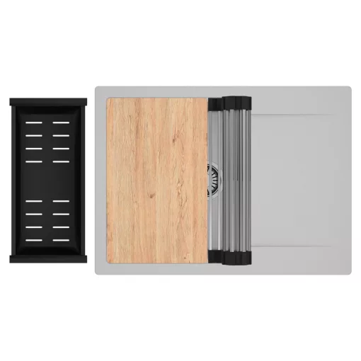 HD Onyx Grey 68-XL egymedencés gránit mosogatótálca szett, csepegtetőtálcával, vágódeszkával, acél csepegtetőráccsal és matt fekete kosárral, alpesi szürke színben, szálcsiszolt króm leeresztő szifonnal