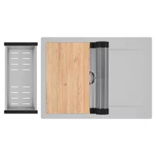 HD Onyx Grey 68-XL egymedencés gránit mosogatótálca szett, csepegtetőtálcával, vágódeszkával, acél csepegtetőráccsal és kosárral, alpesi szürke színben, szálcsiszolt króm leeresztő szifonnal