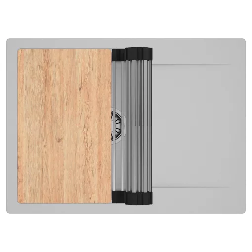 HD Onyx Grey 68-XL egymedencés gránit mosogatótálca szett, csepegtetőtálcával, vágódeszkával, acél csepegtetőráccsal, alpesi szürke színben, szálcsiszolt króm leeresztő szifonnal