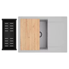 HD Onyx Grey 68-XL egymedencés gránit mosogatótálca szett, csepegtetőtálcával, vágódeszkával, matt fekete csepegtetőkosárral, alpesi szürke színben, szálcsiszolt króm leeresztő szifonnal