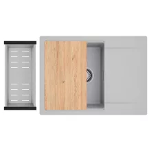 HD Onyx Grey 68-XL egymedencés gránit mosogatótálca szett, csepegtetőtálcával, vágódeszkával, acél csepegtetőkosárral, alpesi szürke színben, szálcsiszolt króm leeresztő szifonnal