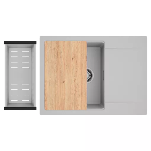 HD Onyx Grey 68-XL egymedencés gránit mosogatótálca szett, csepegtetőtálcával, vágódeszkával, acél csepegtetőkosárral, alpesi szürke színben, szálcsiszolt króm leeresztő szifonnal