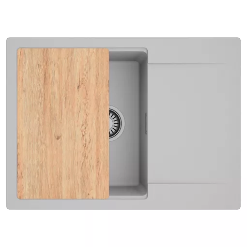 HD Onyx Grey 68-XL egymedencés gránit mosogatótálca, vágódeszkával, alpesi szürke színben, szálcsiszolt króm leeresztő szifonnal
