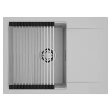 HD Onyx Grey 68-XL egymedencés mosogatótálca szett, acél csepegtetőráccsal, csepegtetőtálcával, alpesi szürke színben, szálcsiszolt króm leeresztő szifonnal