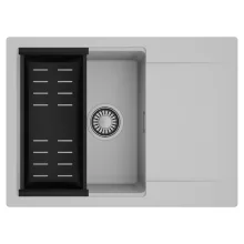 HD Onyx Grey 68-XL egymedencés mosogatótálca szett, matt fekete csepegtetőkosárral, csepegtetőtálcával, alpesi szürke színben, szálcsiszolt króm leeresztő szifonnal