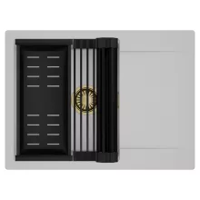 HD Onyx Grey 68-XL egymedencés mosogatótálca szett, matt fekete csepegtetőráccsal és kosárral, csepegtetőtálcával, alpesi szürke színben, szálcsiszolt arany leeresztő szifonnal