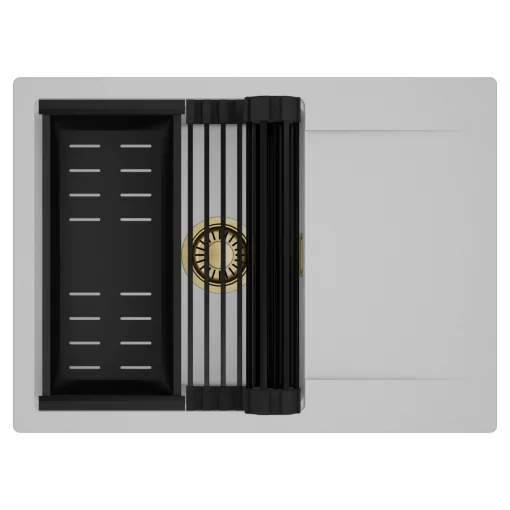 HD Onyx Grey 68-XL egymedencés mosogatótálca szett, matt fekete csepegtetőráccsal és kosárral, csepegtetőtálcával, alpesi szürke színben, szálcsiszolt arany leeresztő szifonnal