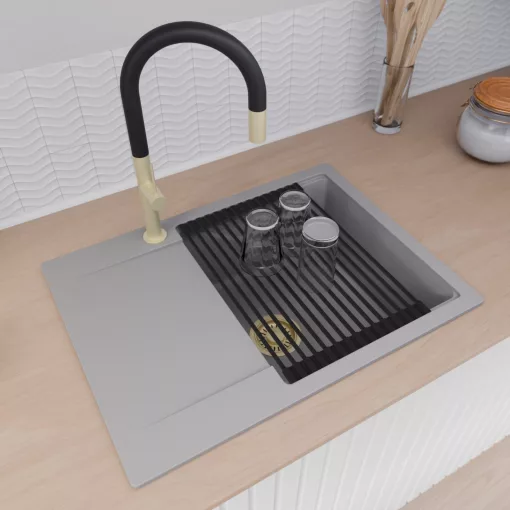 HD Onyx Grey 68-XL egymedencés mosogatótálca szett, matt fekete csepegtetőráccsal és kosárral, csepegtetőtálcával, alpesi szürke színben, szálcsiszolt arany leeresztő szifonnal