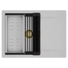 HD Onyx Grey 68-XL egymedencés mosogatótálca szett, matt fekete csepegtetőráccsal és krómozott kosárral, csepegtetőtálcával, alpesi szürke színben, szálcsiszolt arany leeresztő szifonnal