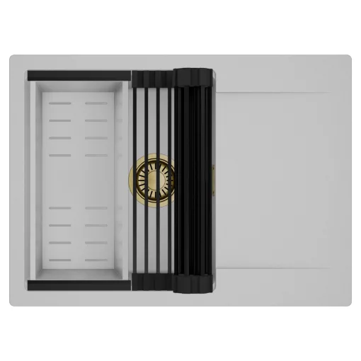 HD Onyx Grey 68-XL egymedencés mosogatótálca szett, matt fekete csepegtetőráccsal és krómozott kosárral, csepegtetőtálcával, alpesi szürke színben, szálcsiszolt arany leeresztő szifonnal