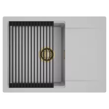 HD Onyx Grey 68-XL egymedencés mosogatótálca szett, matt fekete csepegtetőráccsal, csepegtetőtálcával, alpesi szürke színben, szálcsiszolt arany leeresztő szifonnal