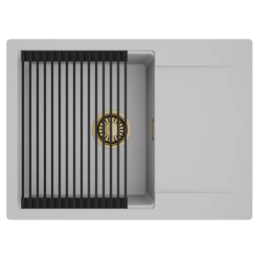 HD Onyx Grey 68-XL egymedencés mosogatótálca szett, matt fekete csepegtetőráccsal, csepegtetőtálcával, alpesi szürke színben, szálcsiszolt arany leeresztő szifonnal