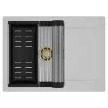 HD Onyx Grey 68-XL egymedencés mosogatótálca szett, acél csepegtetőráccsal és matt fekete kosárral, csepegtetőtálcával, alpesi szürke színben, szálcsiszolt arany leeresztő szifonnal