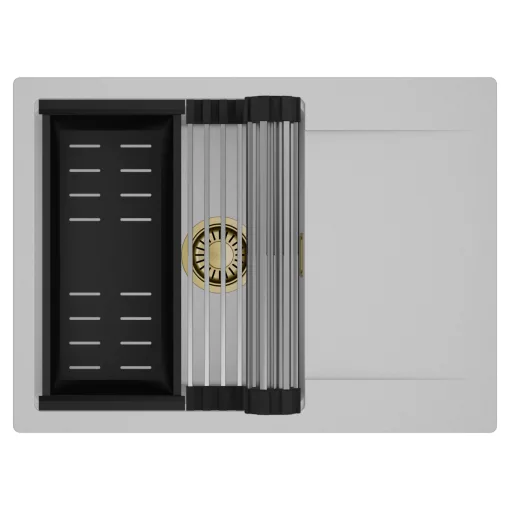 HD Onyx Grey 68-XL egymedencés mosogatótálca szett, acél csepegtetőráccsal és matt fekete kosárral, csepegtetőtálcával, alpesi szürke színben, szálcsiszolt arany leeresztő szifonnal