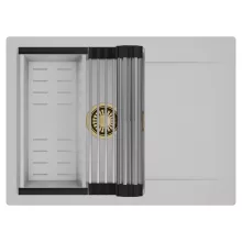 HD Onyx Grey 68-XL egymedencés mosogatótálca szett, acél csepegtetőráccsal és kosárral, csepegtetőtálcával, alpesi szürke színben, szálcsiszolt arany leeresztő szifonnal