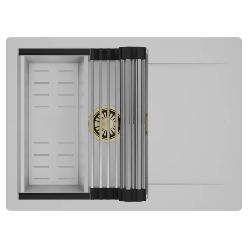 HD Onyx Grey 68-XL egymedencés mosogatótálca szett, acél csepegtetőráccsal és kosárral, csepegtetőtálcával, alpesi szürke színben, szálcsiszolt arany leeresztő szifonnal