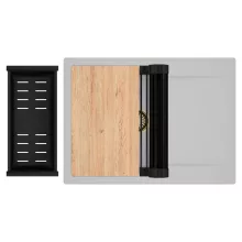 HD Onyx Grey 68-XL egymedencés gránit mosogatótálca szett, csepegtetőtálcával, vágódeszkával, matt fekete csepegtetőráccsal és kosárral, alpesi szürke színben, szálcsiszolt arany leeresztő szifonnal