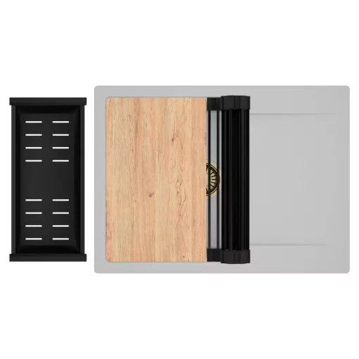 HD Onyx Grey 68-XL egymedencés gránit mosogatótálca szett, csepegtetőtálcával, vágódeszkával, matt fekete csepegtetőráccsal és kosárral, alpesi szürke színben, szálcsiszolt arany leeresztő szifonnal