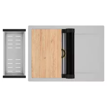 HD Onyx Grey 68-XL egymedencés gránit mosogatótálca szett, csepegtetőtálcával, vágódeszkával, matt fekete csepegtetőráccsal és krómozott kosárral, alpesi szürke színben, szálcsiszolt arany leeresztő szifonnal