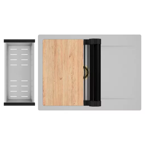 HD Onyx Grey 68-XL egymedencés gránit mosogatótálca szett, csepegtetőtálcával, vágódeszkával, matt fekete csepegtetőráccsal és krómozott kosárral, alpesi szürke színben, szálcsiszolt arany leeresztő szifonnal