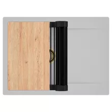 HD Onyx Grey 68-XL egymedencés gránit mosogatótálca szett, csepegtetőtálcával, vágódeszkával, matt fekete csepegtetőráccsal, alpesi szürke színben, szálcsiszolt arany leeresztő szifonnal