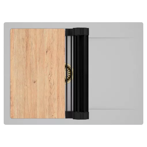 HD Onyx Grey 68-XL egymedencés gránit mosogatótálca szett, csepegtetőtálcával, vágódeszkával, matt fekete csepegtetőráccsal, alpesi szürke színben, szálcsiszolt arany leeresztő szifonnal