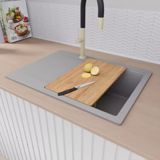 HD Onyx Grey 68-XL egymedencés gránit mosogatótálca szett, csepegtetőtálcával, vágódeszkával, matt fekete csepegtetőráccsal, alpesi szürke színben, szálcsiszolt arany leeresztő szifonnal