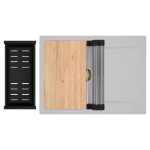 HD Onyx Grey 68-XL egymedencés gránit mosogatótálca szett, csepegtetőtálcával, vágódeszkával, acél csepegtetőráccsal és matt fekete kosárral, alpesi szürke színben, szálcsiszolt arany leeresztő szifonnal