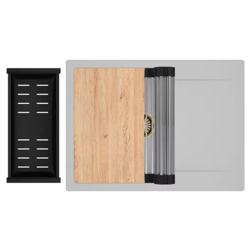 HD Onyx Grey 68-XL egymedencés gránit mosogatótálca szett, csepegtetőtálcával, vágódeszkával, acél csepegtetőráccsal és matt fekete kosárral, alpesi szürke színben, szálcsiszolt arany leeresztő szifonnal