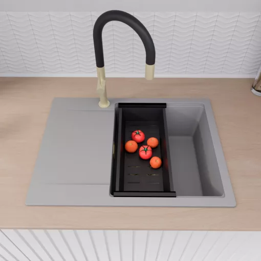 HD Onyx Grey 68-XL egymedencés gránit mosogatótálca szett, csepegtetőtálcával, vágódeszkával, acél csepegtetőráccsal és matt fekete kosárral, alpesi szürke színben, szálcsiszolt arany leeresztő szifonnal