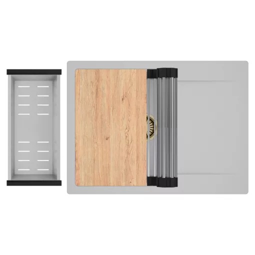 HD Onyx Grey 68-XL egymedencés gránit mosogatótálca szett, csepegtetőtálcával, vágódeszkával, acél csepegtetőráccsal és kosárral, alpesi szürke színben, szálcsiszolt arany leeresztő szifonnal